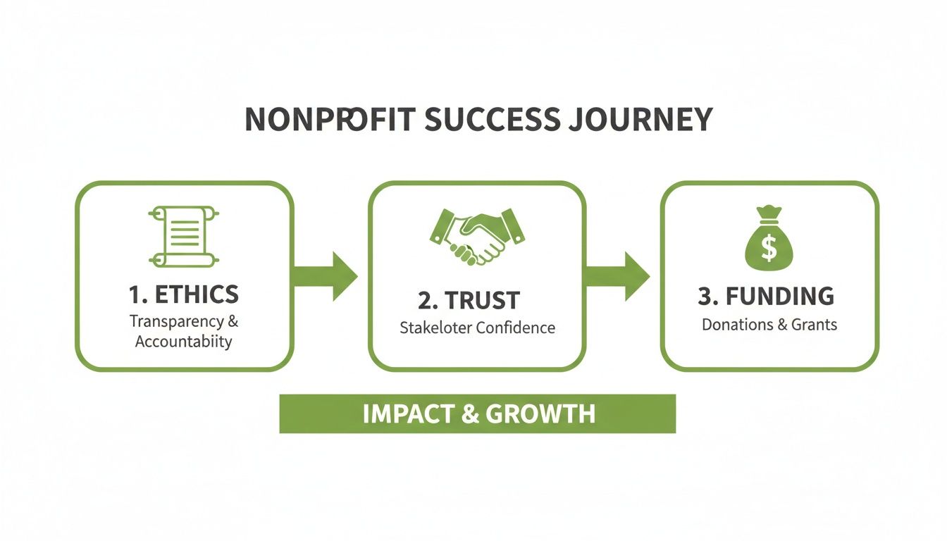 Infographic illustrating the nonprofit success journey: Ethics, Trust, and Funding leading to Impact & Growth.