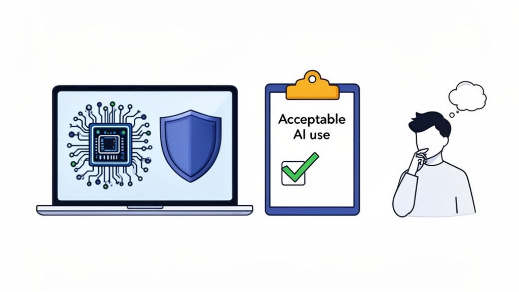 An illustration of secure technology, acceptable AI use guidelines, and a person contemplating ethical decisions.