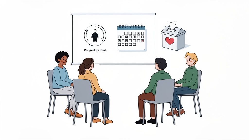 Four diverse people sit in a meeting, viewing a screen displaying icons for community, planning, and voting.