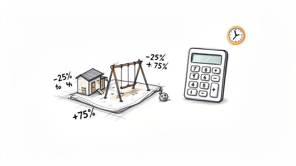 An illustration features a house, a swing set, a calculator, and a clock, alongside percentage changes and a piggy bank, representing financial planning.