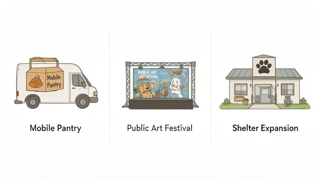 Three illustrations: a mobile pantry truck, a public art festival, and an animal shelter expansion.