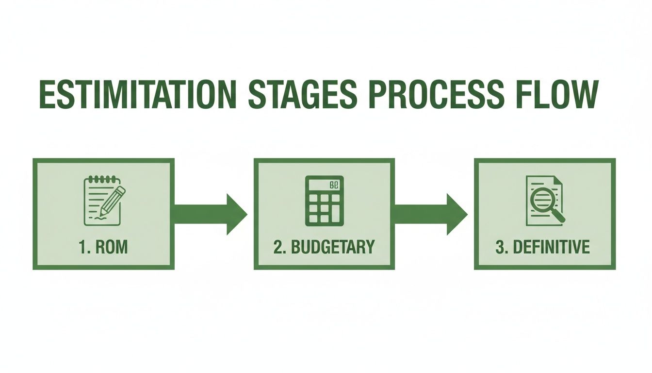 Estimation stages process flow diagram illustrating Rough Order of Magnitude, Budgetary, and Definitive steps.