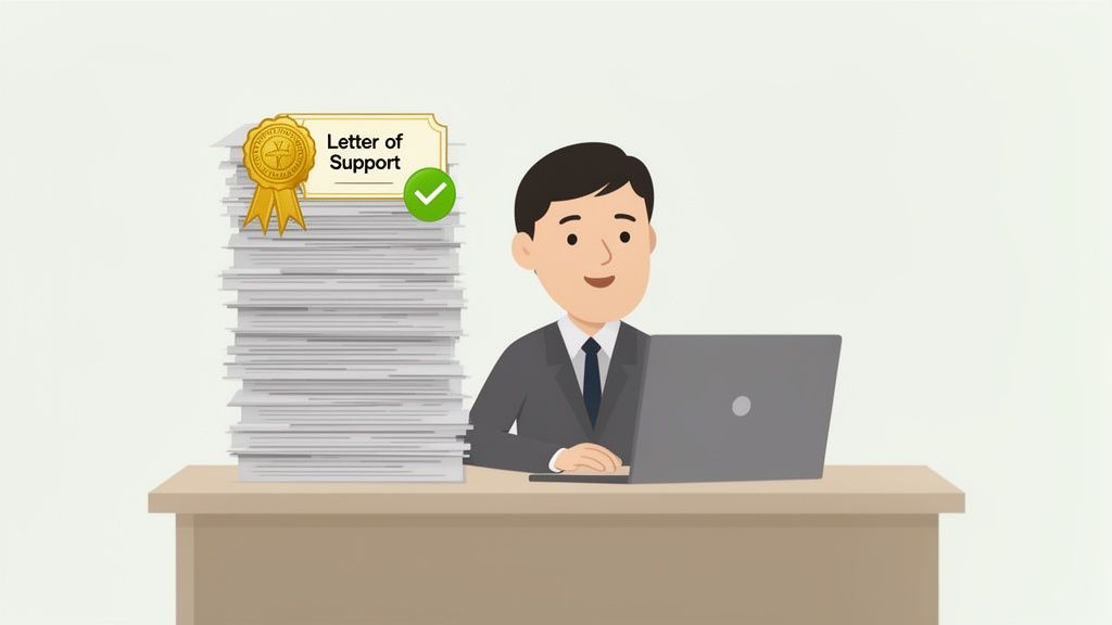 An animated man working on a laptop at a desk, next to a stack of 'Letter of Support' documents.