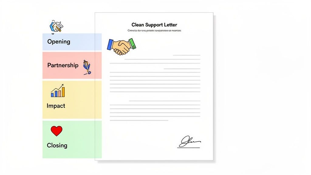 A graphic illustrating the structure of a clean support letter template with key sections and icons.