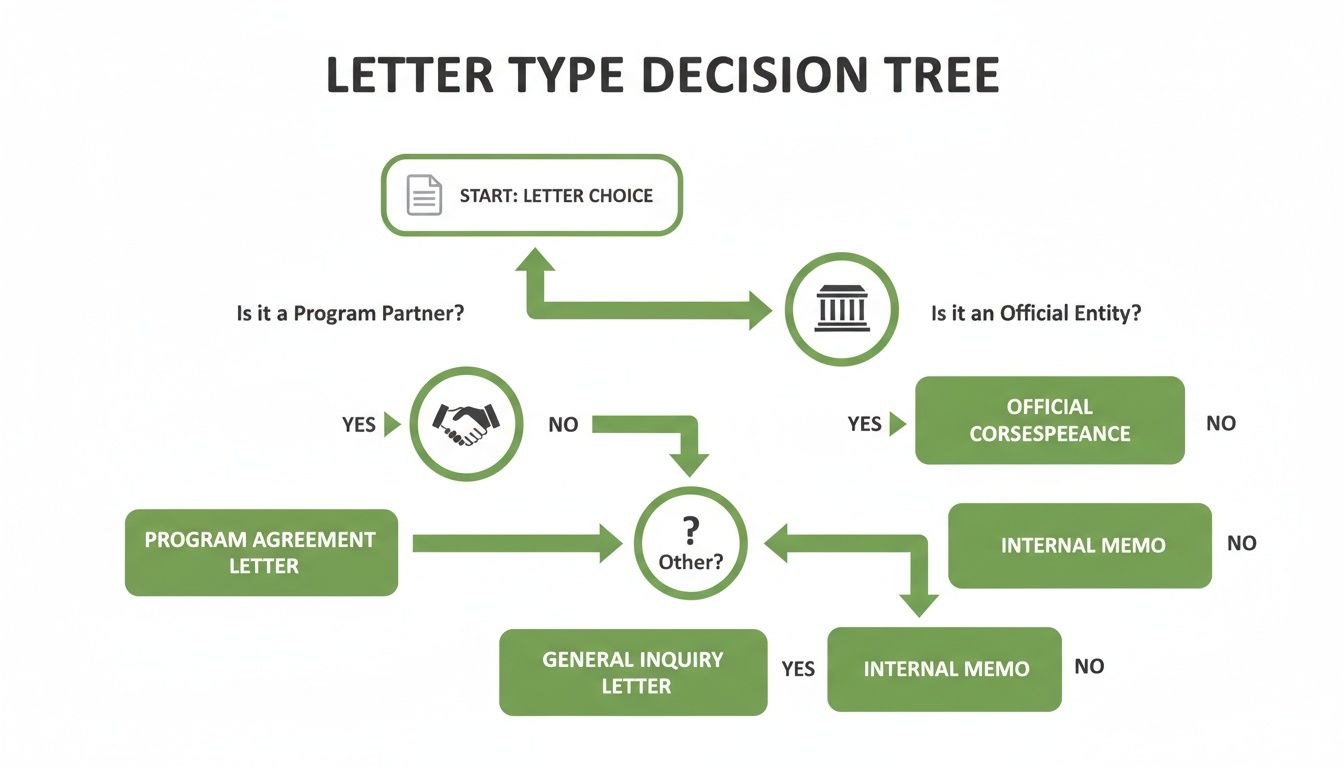A decision tree flowchart illustrating the process of choosing the correct letter type based on entity and purpose.