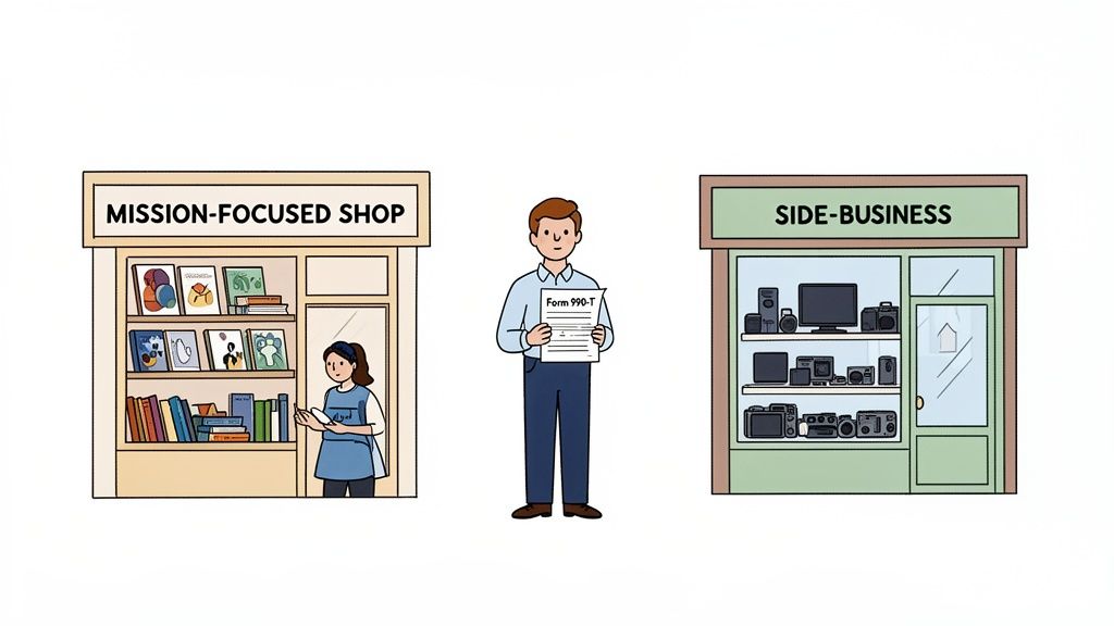 Illustration of a man holding Form 990-T between a mission-focused shop and a side business.