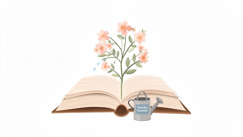 An open book with a flowering plant growing from its pages, next to a watering can labeled 'Stewardship'.