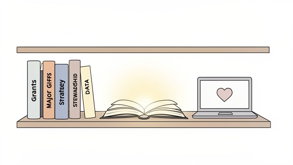 A wooden shelf holds fundraising books, an open glowing book, and a laptop showing a heart.