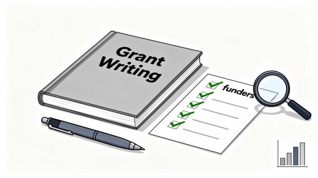 A graphic depicting a "Grant Writing" book, a checklist for "funders" with checkmarks, a pen, and a magnifying glass, symbolizing the fundraising process.