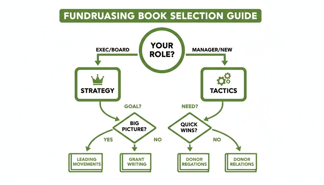 A fundraising book selection guide flowchart, helping users choose books based on their role and specific needs.