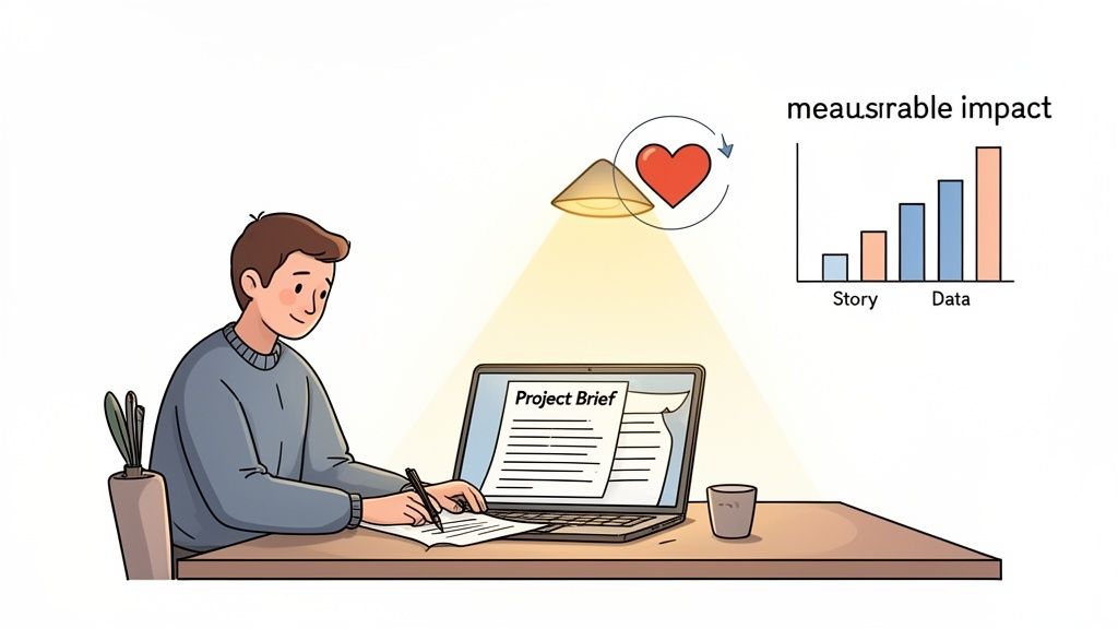 A person works on a project, writing notes with a laptop, aiming for measurable impact.
