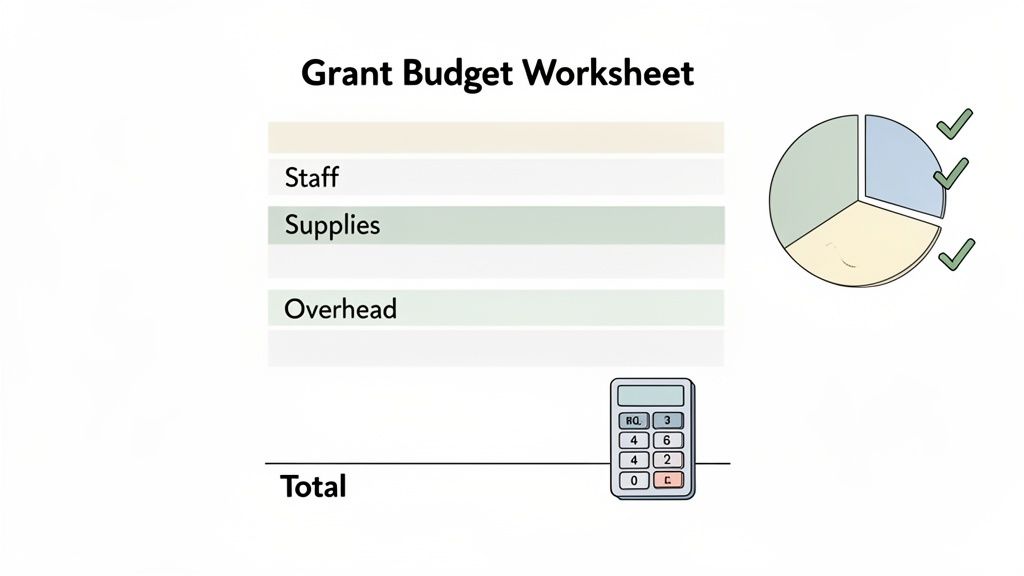 A grant budget worksheet illustrating categories like Staff, Supplies, and Overhead, along with a pie chart and calculator.