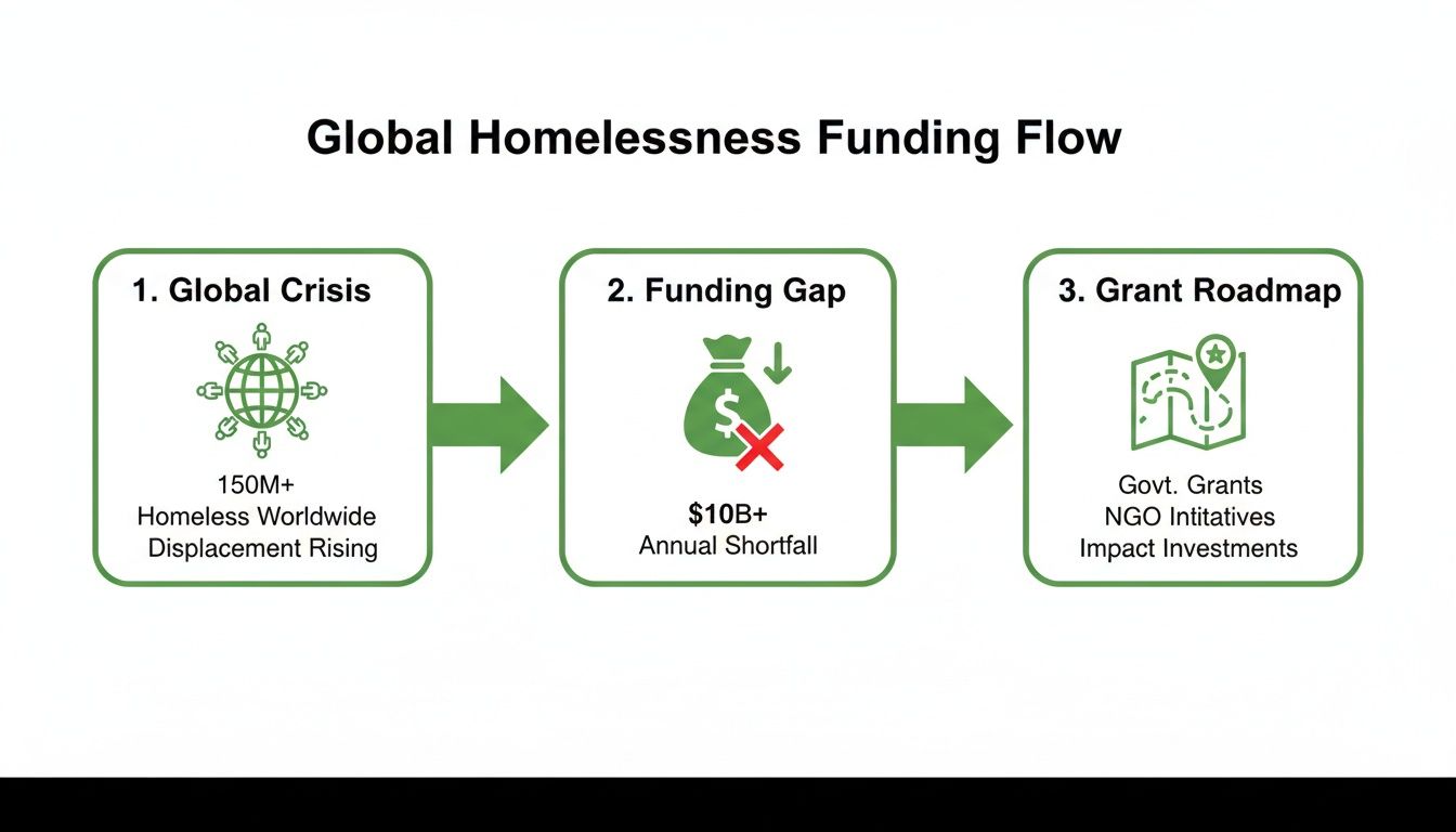 Flowchart illustrating the global homelessness crisis, significant funding gap, and proposed grant roadmap for solutions.