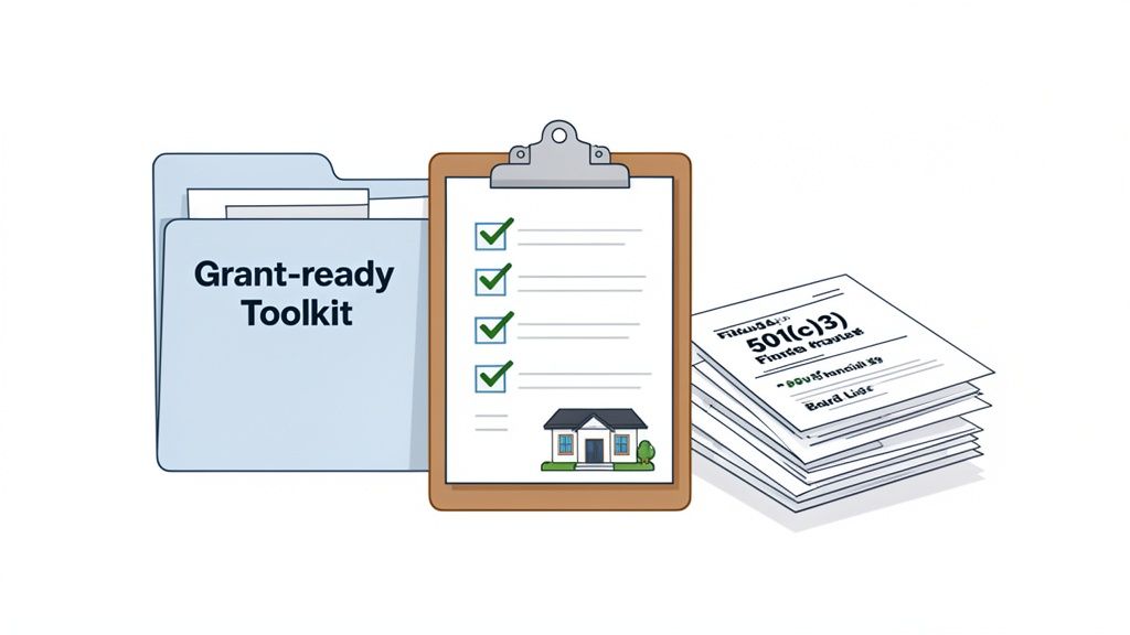 An illustration showing a grant-ready toolkit, a checklist, and legal documents like 501(c)(3).