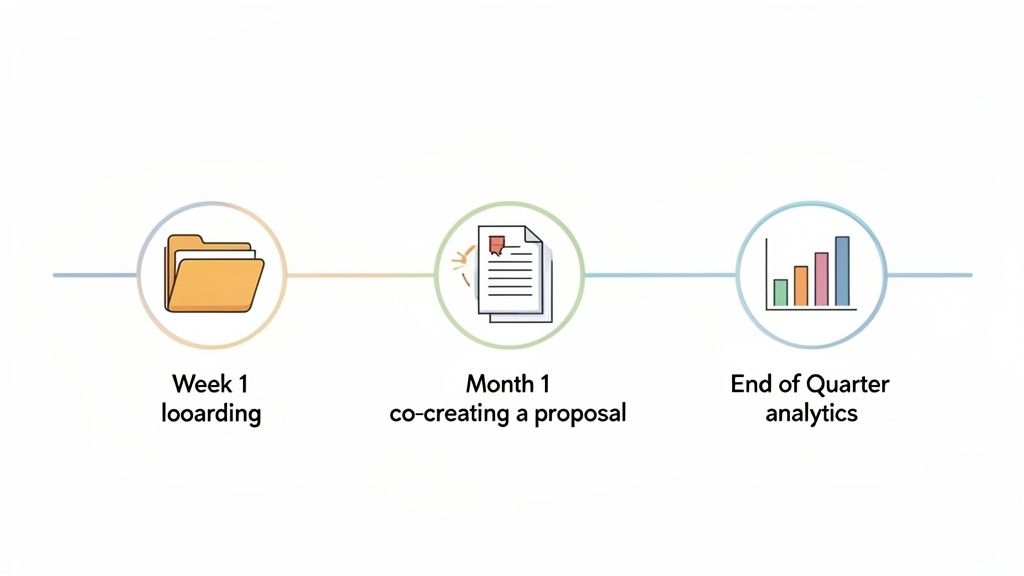 A project timeline illustrating three stages: Week 1 onboarding, Month 1 proposal co-creation, and End of Quarter analytics.
