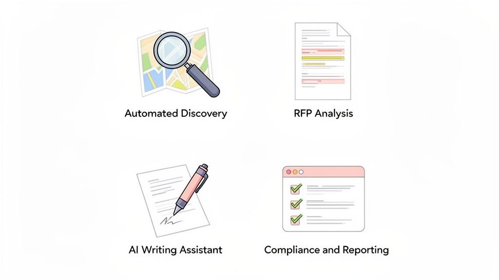 Four icons representing AI software features: Automated Discovery, RFP Analysis, AI Writing Assistant, and Compliance.