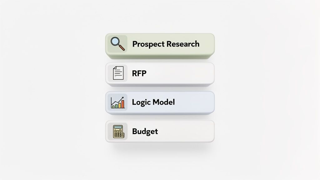 A vertical list showing four project steps: Prospect Research, RFP, Logic Model, and Budget, each with an icon.