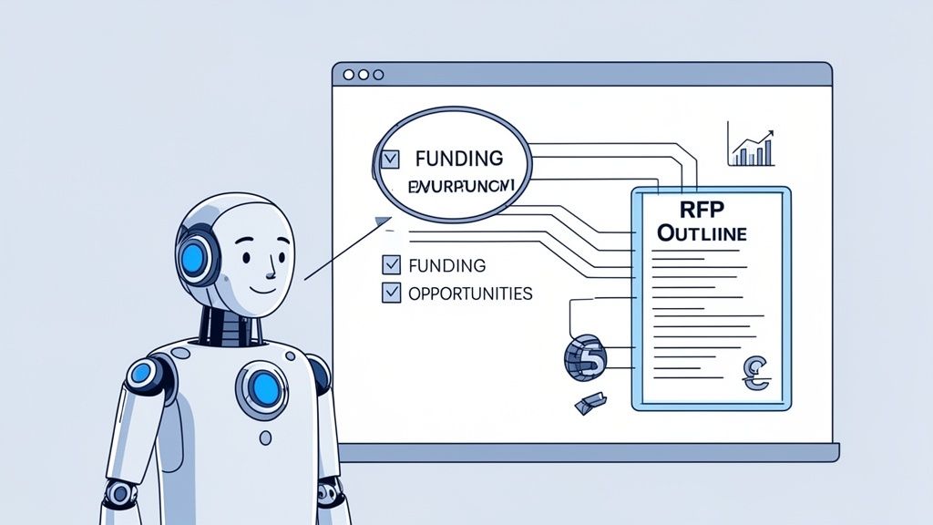 A robot stands next to a screen displaying funding opportunities and an RFP outline.