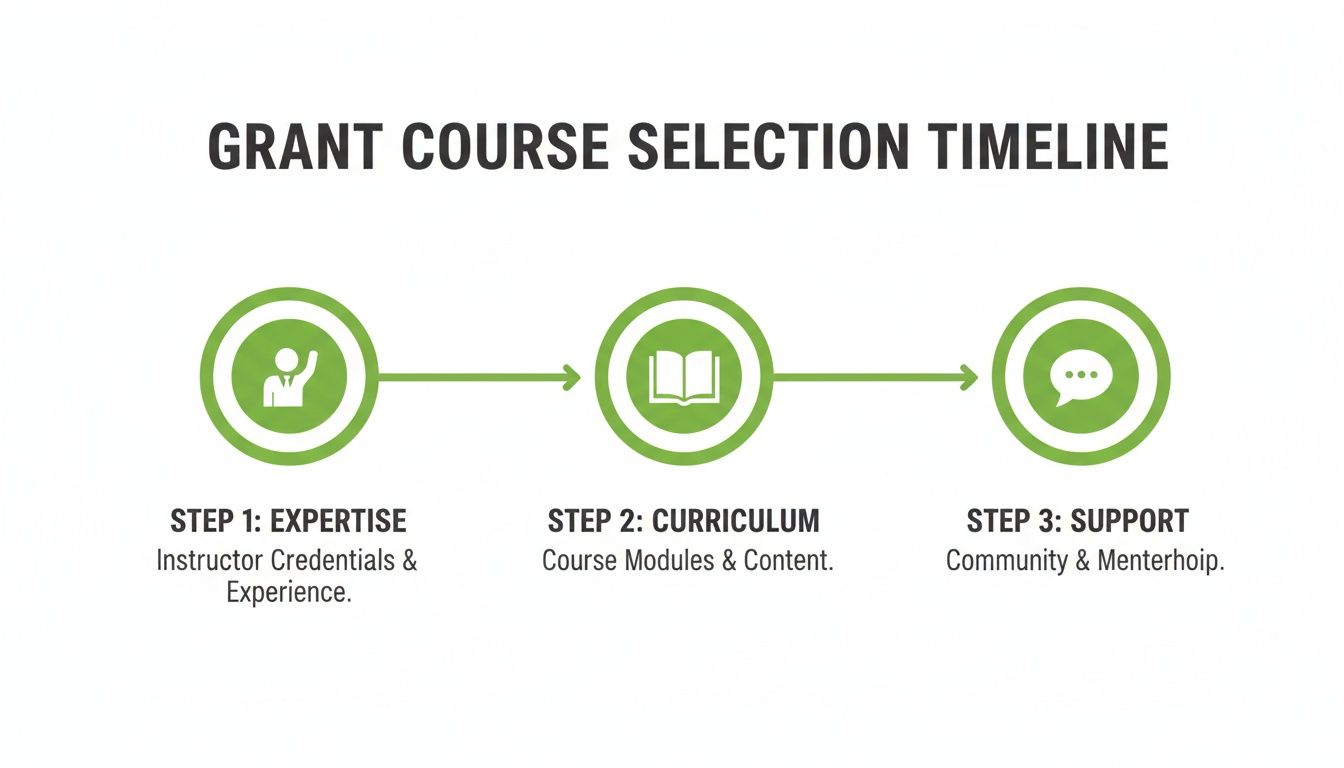 Timeline illustrating grant course selection process with three steps: expertise, curriculum, and support.