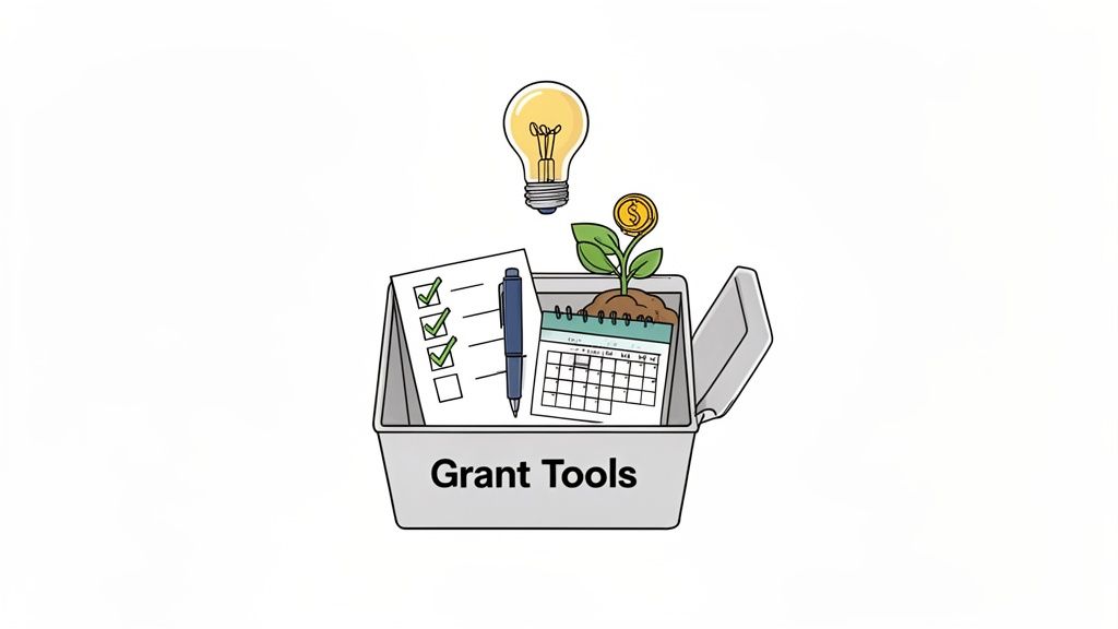 Illustration of grant tools including a checklist, calendar, pen, growing plant, and light bulb.