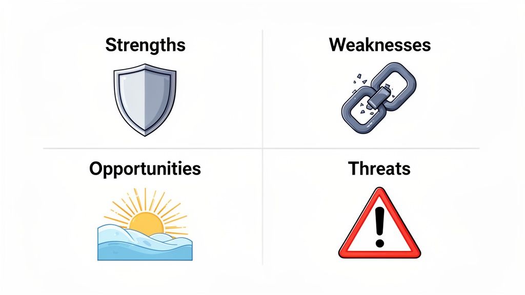 A visual representation of a SWOT analysis with icons for strengths (shield), weaknesses (broken chain), opportunities (sunrise), and threats (warning sign).