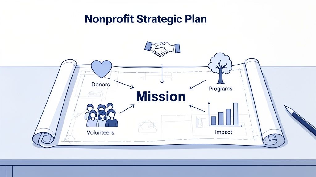 A diagram of a nonprofit strategic plan showing mission at the center, surrounded by donors, volunteers, programs, and impact.
