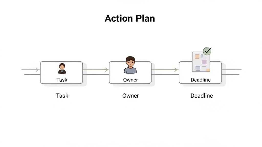 A flowchart illustrating an action plan with steps for task, owner, and deadline in strategic planning.
