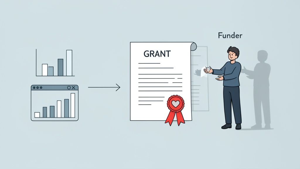 Charts and data lead to a grant document with a heart ribbon, presented by a funder.
