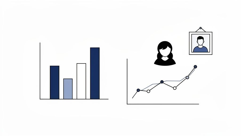 Charts and icons illustrating data analysis, showing trends and comparisons.