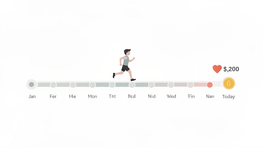 A cartoon runner on a progress bar timeline, tracking activity or savings towards a $2,200 goal.