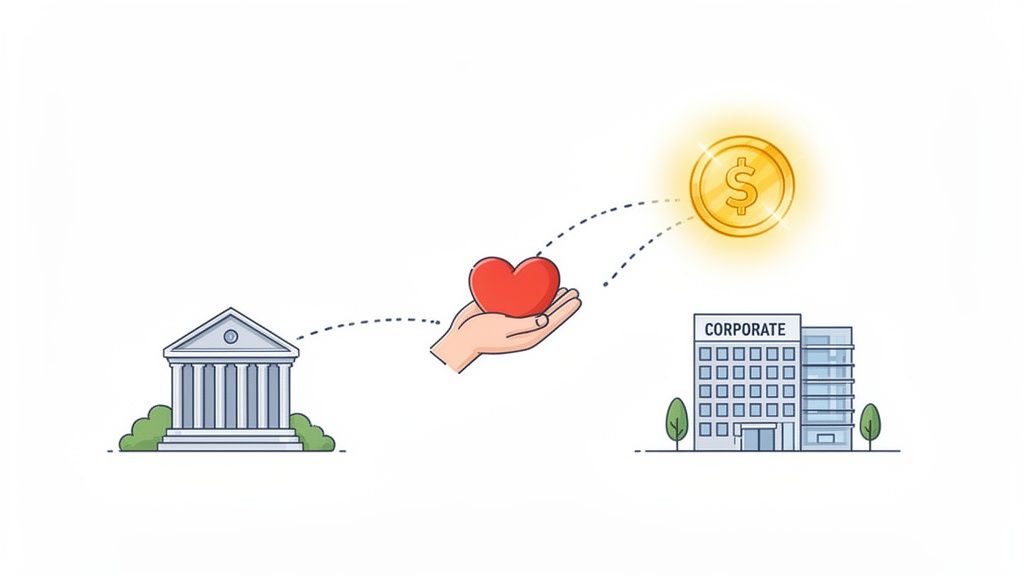 Illustration of grant funds flowing from an institution, through goodwill represented by a heart, to a corporate entity.