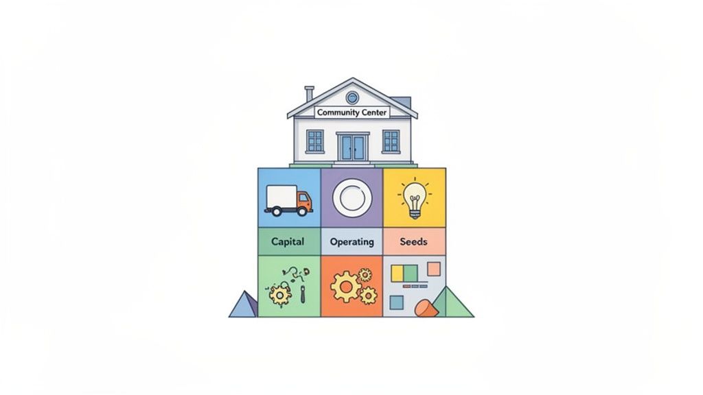 Diagram showing a Community Center building supported by blocks representing Capital, Operating, and Seeds grants.