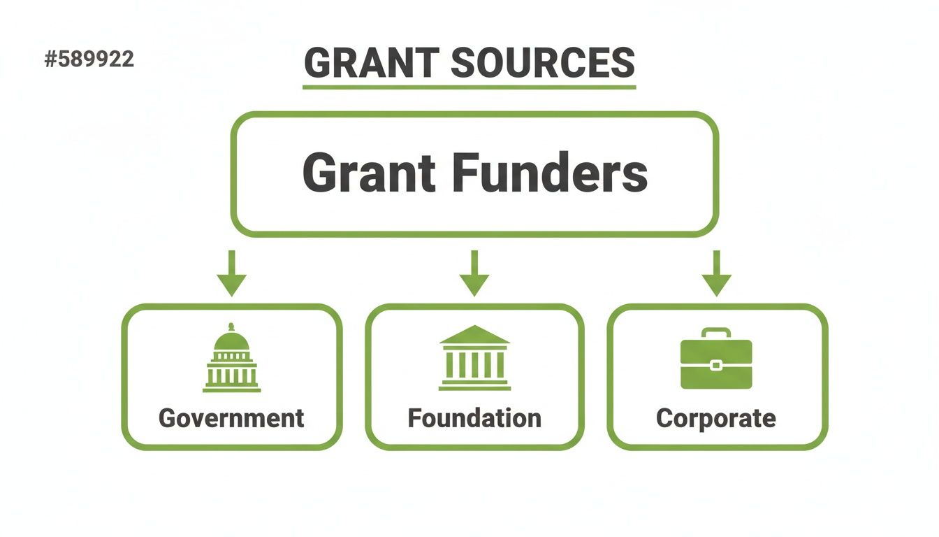 Flowchart illustrating grant sources with three main categories: Government, Foundation, and Corporate.