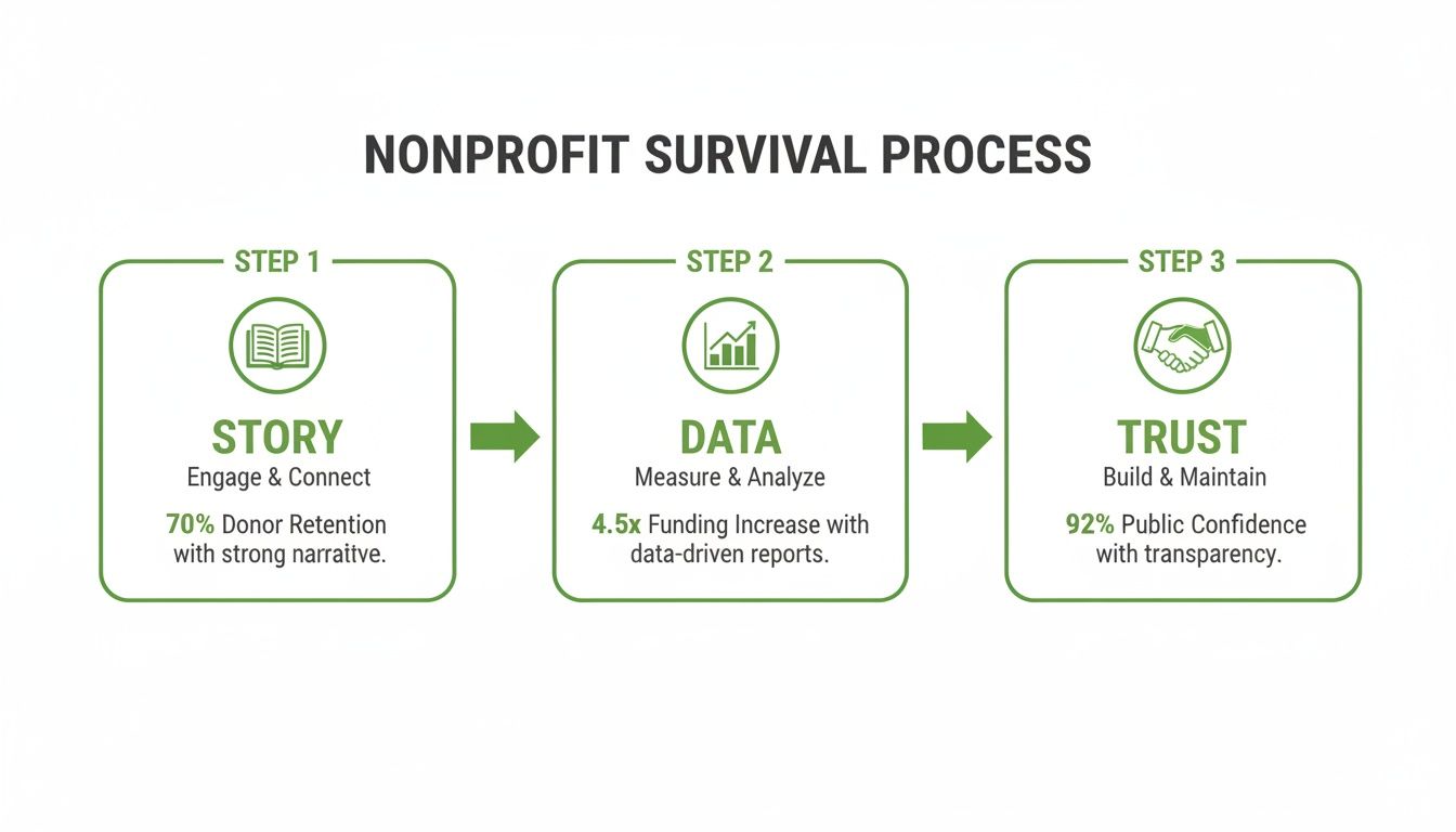 A three-step diagram illustrates the nonprofit survival process: Story, Data, and Trust.