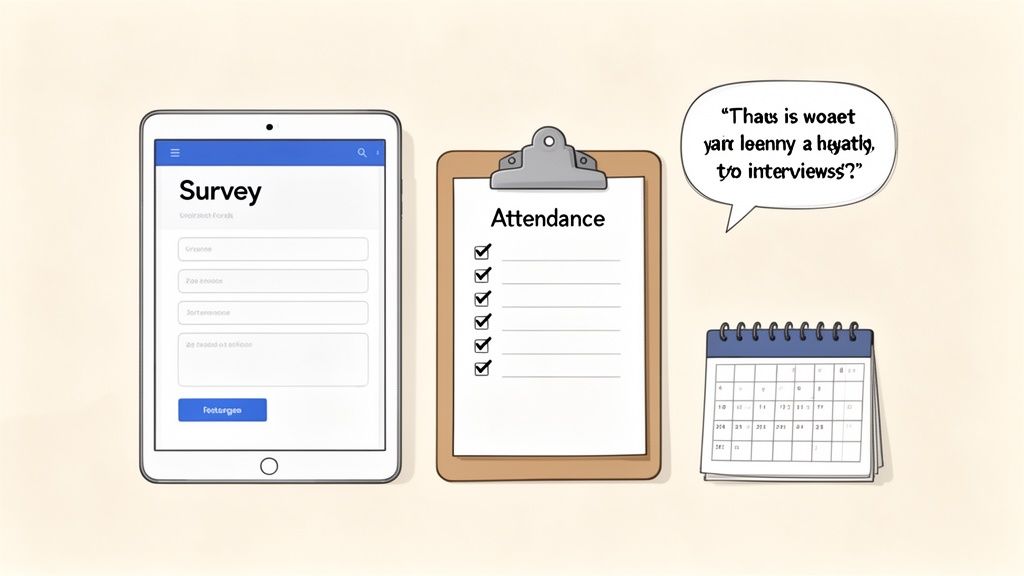 A tablet showing a survey form, a clipboard with an attendance checklist, and a desk calendar.