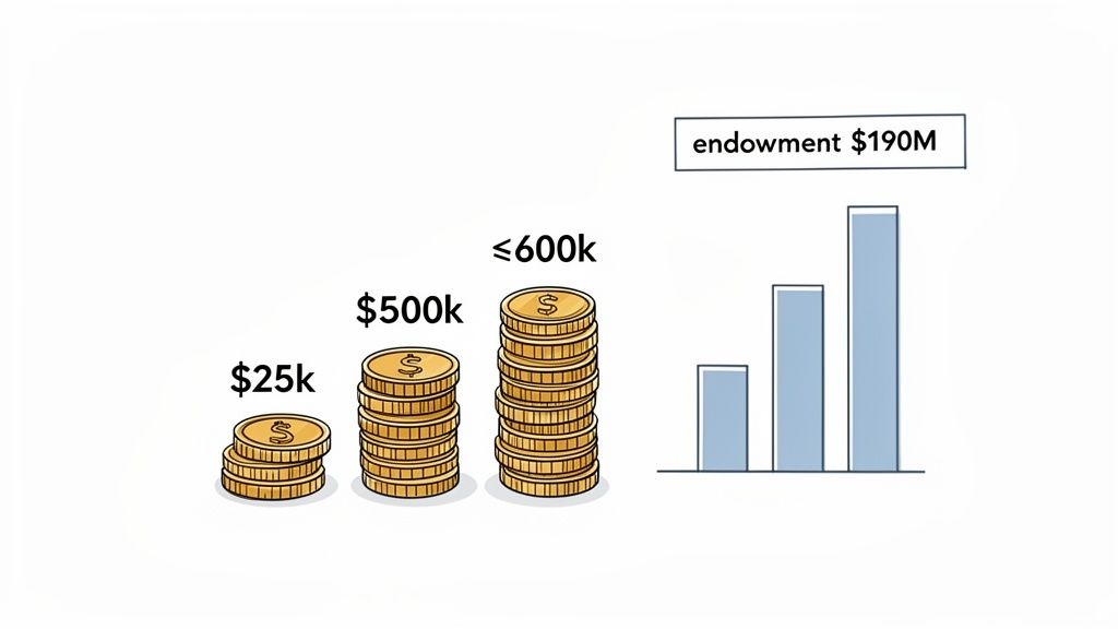 Illustration showing stacks of coins representing $25k, $500k, ≤$600k, and a bar chart for a $190M endowment.