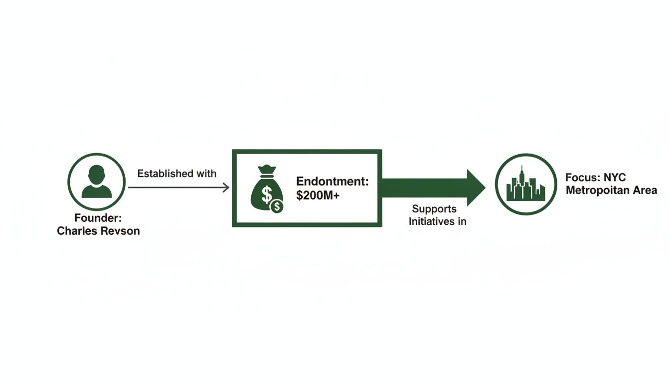 A flowchart illustrates Charles Revson as the founder, an endowment of over $200M, and a focus on the NYC Metropolitan Area.