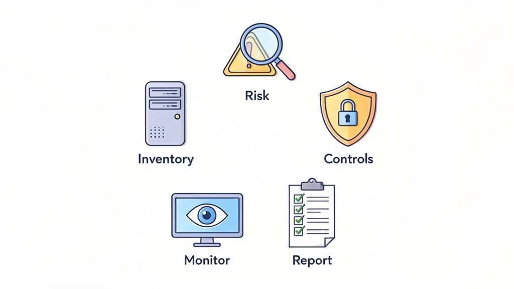 A diagram illustrating key information security components: inventory, risk, controls, monitor, and report.