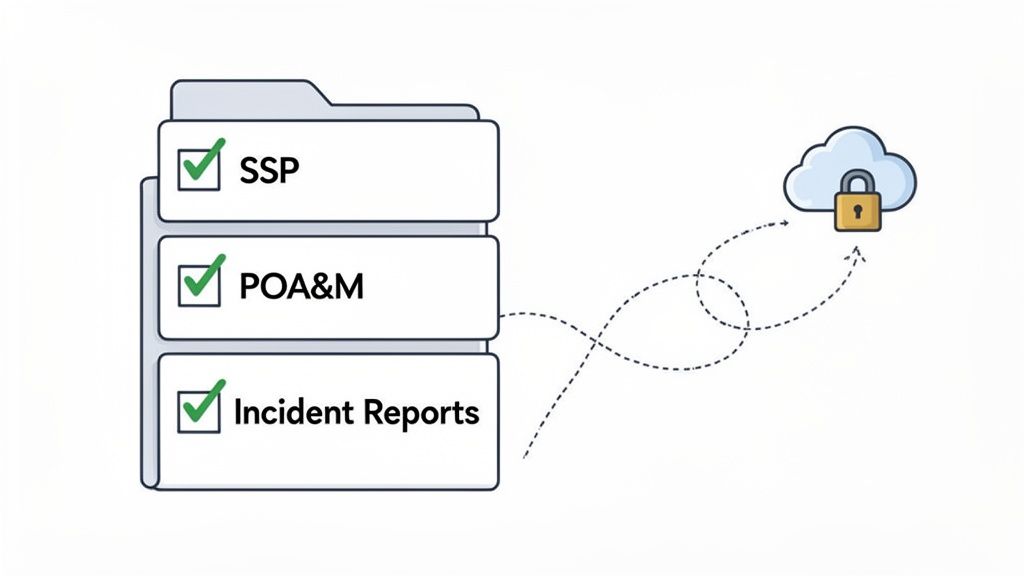 A folder with checked SSP, POA&M, and Incident Reports documents securely transmitted to a cloud with a padlock.