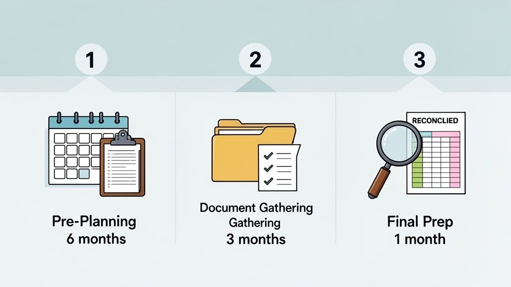 Three steps of a process: pre-planning, document gathering, and final preparation with timelines.
