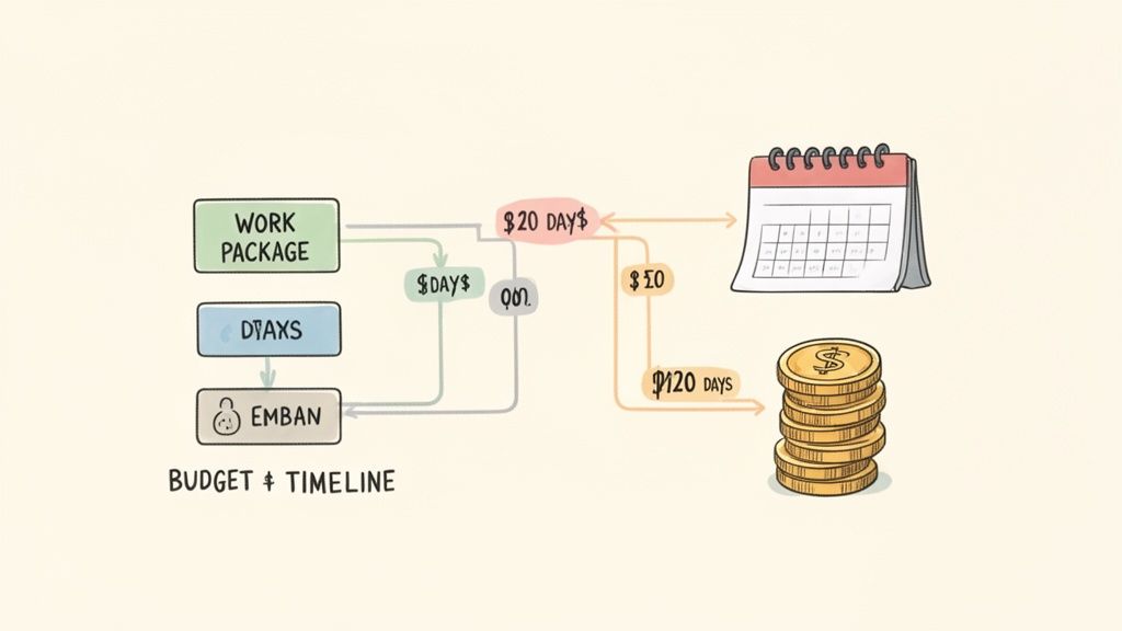 A hand-drawn flowchart illustrating budget and timeline concepts, connecting work packages, DTAX, and EMBAN to calendar days and money.