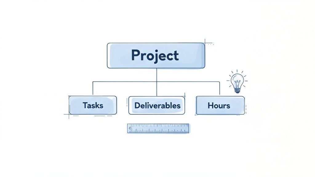 A project management diagram showing Project branching into Tasks, Deliverables, and Hours with a ruler and lightbulb icon.