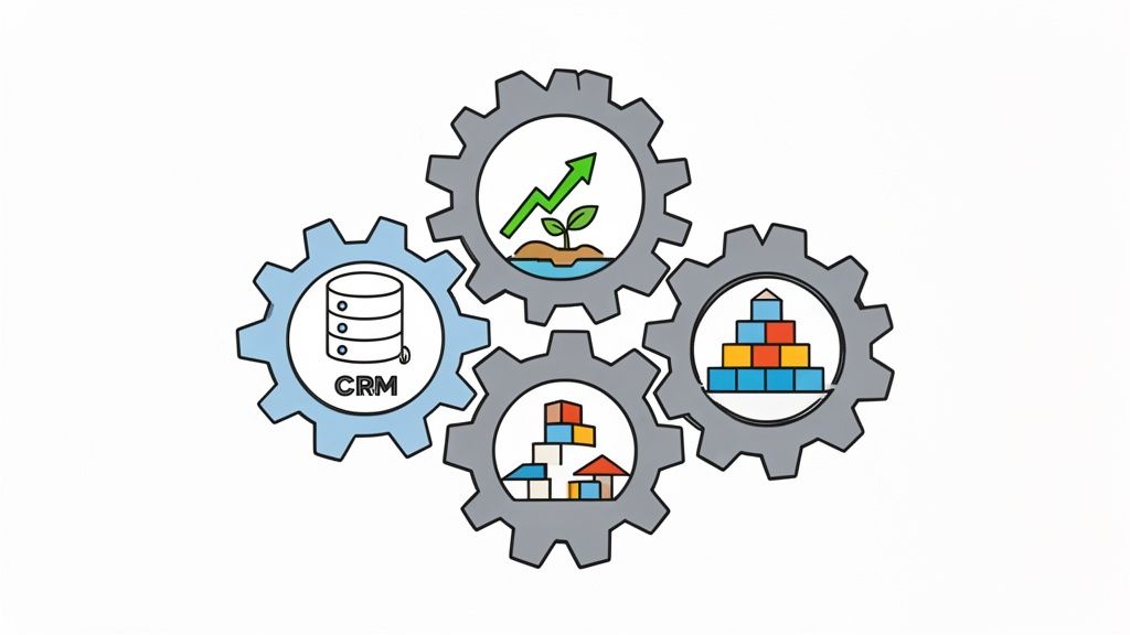 Four interlocking gears illustrate business concepts: CRM data, growth, and foundational building blocks working together.