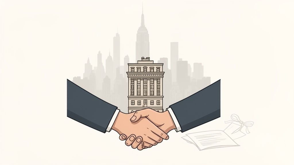 Two businesspeople shaking hands in front of an office building and cityscape, symbolizing a successful deal.