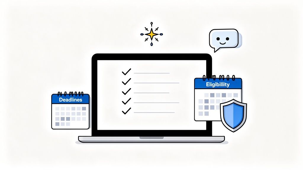 A laptop displays a checklist, flanked by 'Deadlines' and 'Eligibility' calendars, a shield, and a happy chat bubble, symbolizing project management and planning.