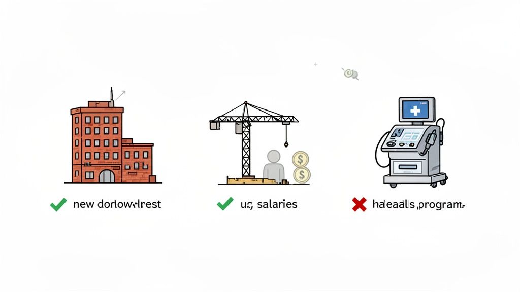 Illustration showing approved projects: a new building and salaries, with a rejected health program.
