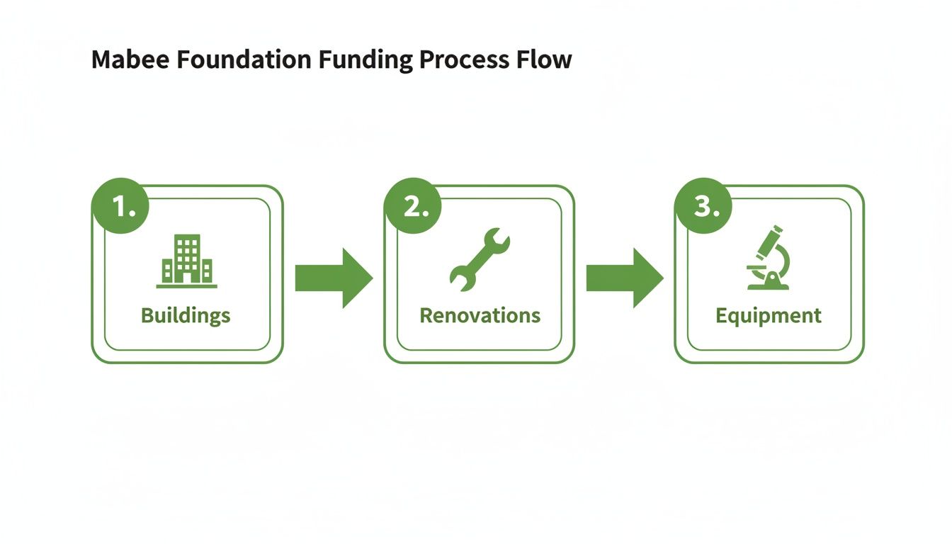 Flowchart illustrating the Mabee Foundation funding process, showing steps for buildings, renovations, and equipment.