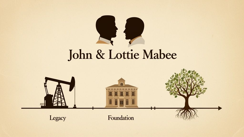Silhouettes of John and Lottie Mabee, with a timeline illustrating their legacy and foundation.