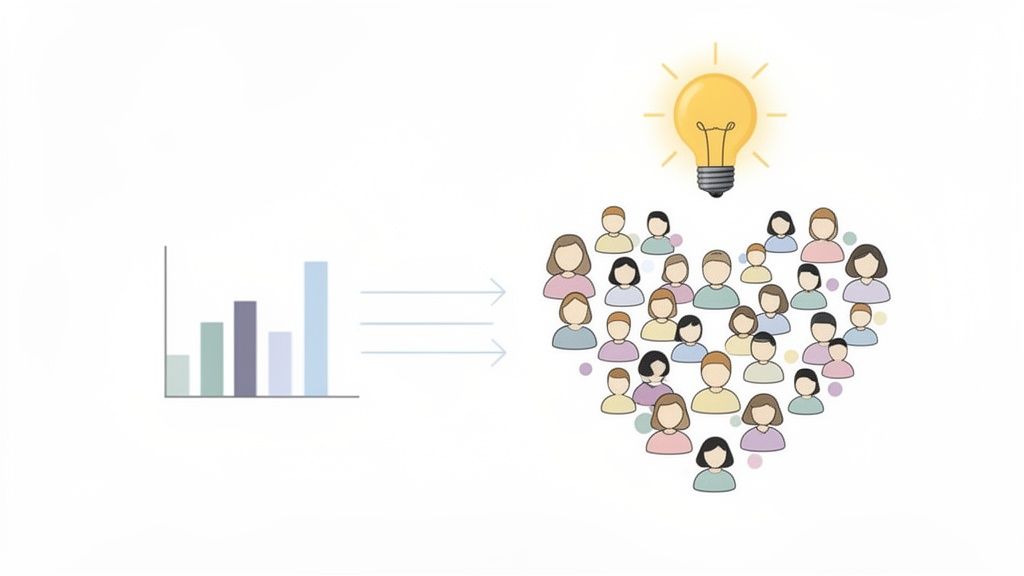 Data from a bar chart transforms into ideas for a community represented by people in a heart shape.
