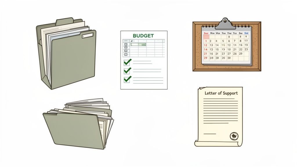 A collection of administrative documents including two file folders, a budget sheet, a calendar, and a letter of support.